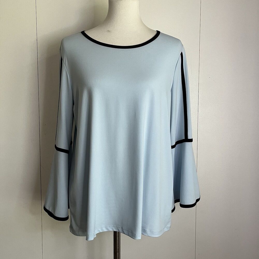 Grace The Perfect Fit Bell Sleeve Top Medium Baby Blue Black Trim Boho Elegant